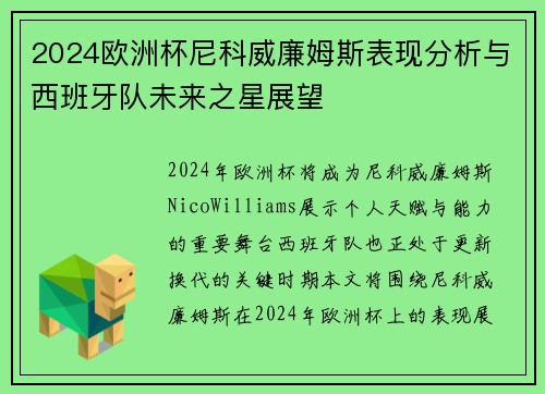 2024欧洲杯尼科威廉姆斯表现分析与西班牙队未来之星展望 2024欧洲杯尼科威廉姆斯表现分析与西班牙队未来之星展望
